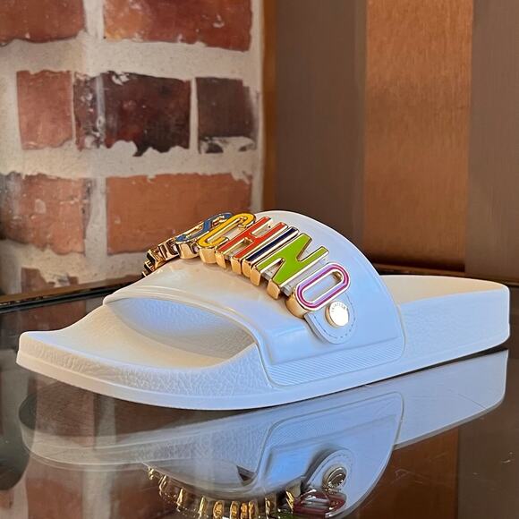 MOSCHINO White Multicolor Rubber Slides SZ 39 (9 US) - Picture 2 of 9